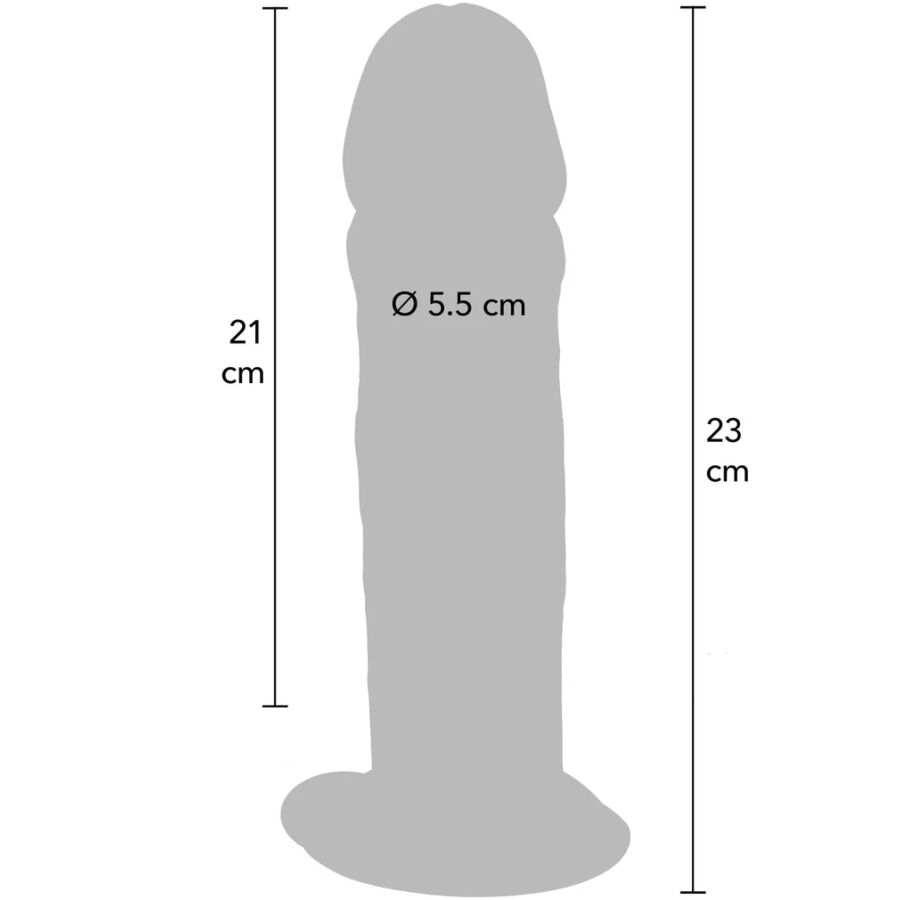 Schema cote du gode realiste Get Real 23 cm avec partie inserable 21 cm et diametre 5,5 cm, silhouette anatomique extra epaisse a gland et base ventouse mains libres.