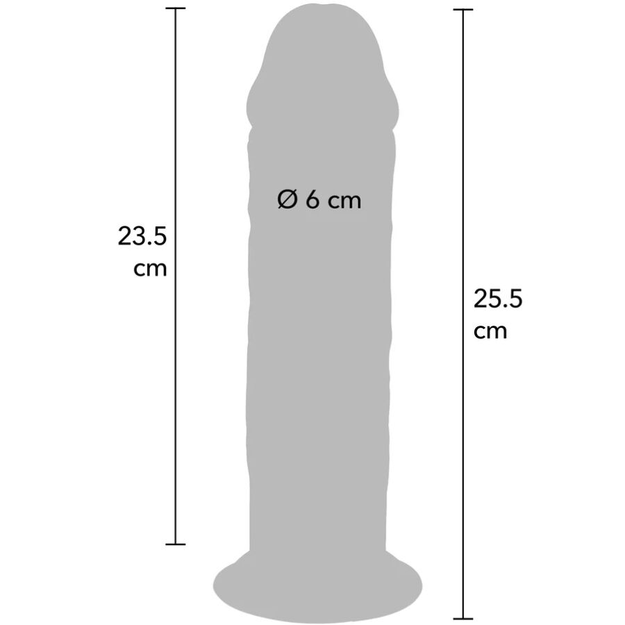 Schema cote du gode realiste Get Real 25,5 cm avec partie inserable 23,5 cm et diametre 6 cm, silhouette anatomique extra epaisse a gland et base ventouse mains libres.