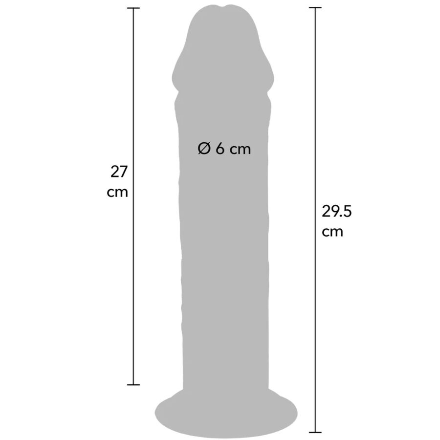 Schema cote du gode realiste Get Real 29,5 cm avec partie inserable 27 cm et diametre 6 cm, silhouette anatomique extra epaisse a gland et base ventouse mains libres.