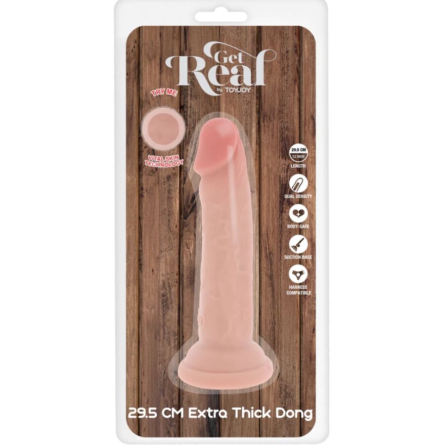 Boite Get Real Toy Joy du dong extra epais 29,5 cm, packaging bois illustrant le gode chair realiste a gland et ventouse, gamme silicone double densite effet peau.