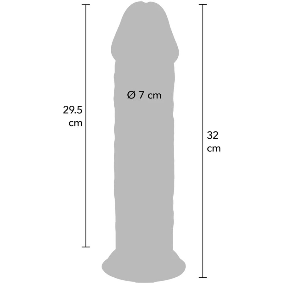 Schema cote du gode realiste Get Real 32 cm avec partie inserable 29,5 cm et diametre 7 cm, silhouette anatomique extra epaisse a gland et base ventouse mains libres.