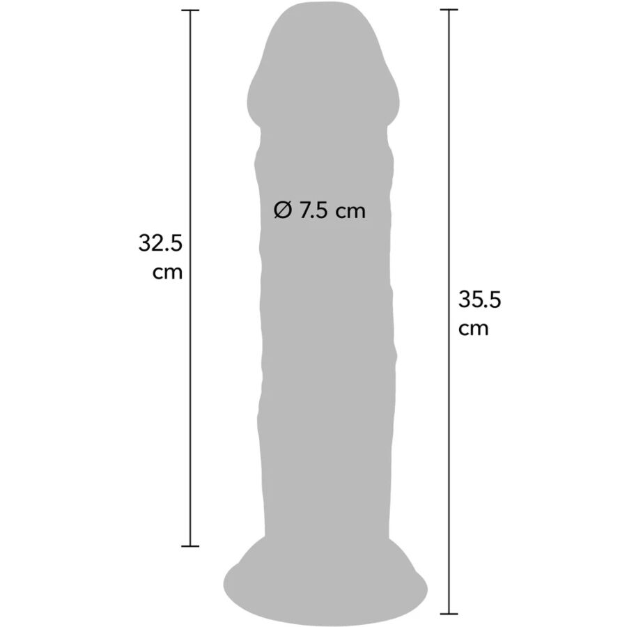 Schema cote du gode realiste Get Real 35,5 cm avec partie inserable 32,5 cm et diametre 7,5 cm, silhouette anatomique extra epaisse a gland et base ventouse mains libres.
