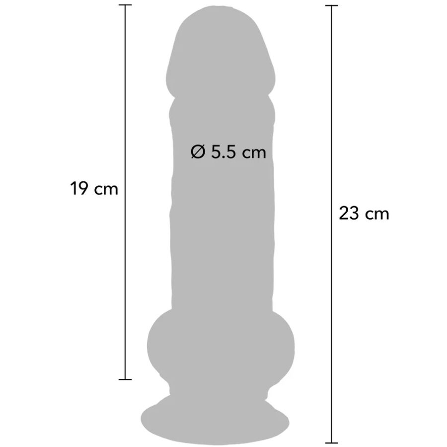 Schema cote du gode realiste Get Real a testicules, longueur 23 cm, partie inserable 19 cm et diametre 5,5 cm, silhouette anatomique a gland et base ventouse mains libres.