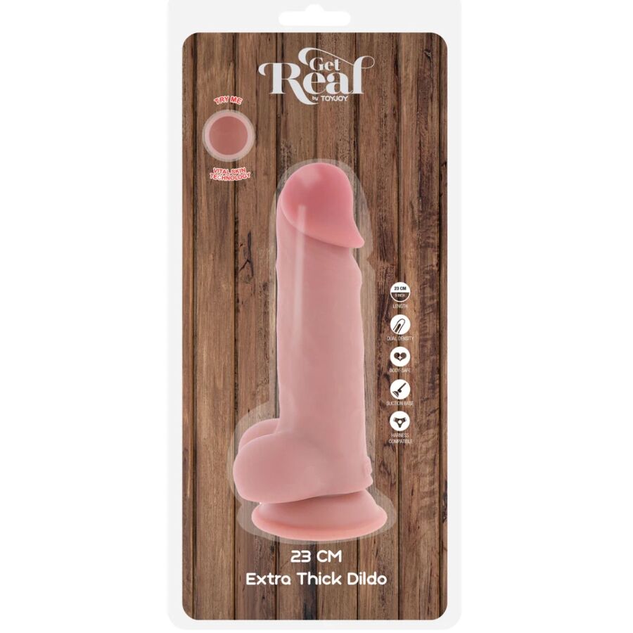 Boite Get Real Toy Joy du dildo extra epais 23 cm a testicules, packaging bois montrant le gode chair realiste a gland et ventouse, gamme silicone double densite.