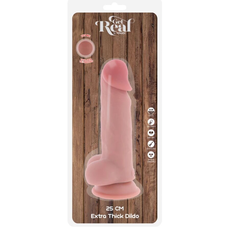 Boite Get Real Toy Joy du dildo extra epais 25 cm a testicules, packaging bois illustrant le gode chair realiste a gland et ventouse, gamme silicone double densite.