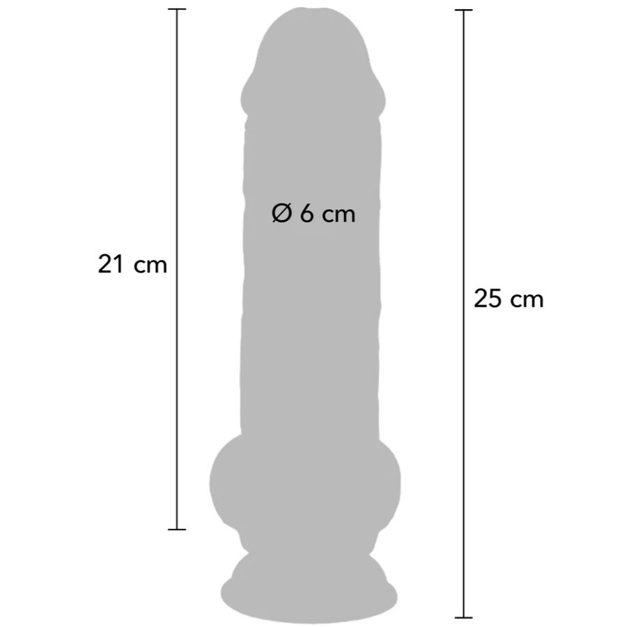 Schema cote du gode realiste Get Real a testicules, longueur 25 cm, partie inserable 21 cm et diametre 6 cm, silhouette anatomique a gland et base ventouse mains libres.