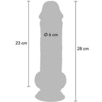 Schema cote du gode realiste Get Real a testicules, longueur 28 cm, partie inserable 23 cm et diametre 6 cm, silhouette anatomique a gland et base ventouse mains libres.