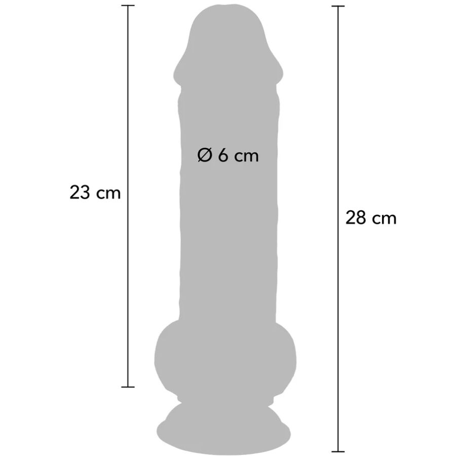 Schema cote du gode realiste Get Real a testicules, longueur 28 cm, partie inserable 23 cm et diametre 6 cm, silhouette anatomique a gland et base ventouse mains libres.