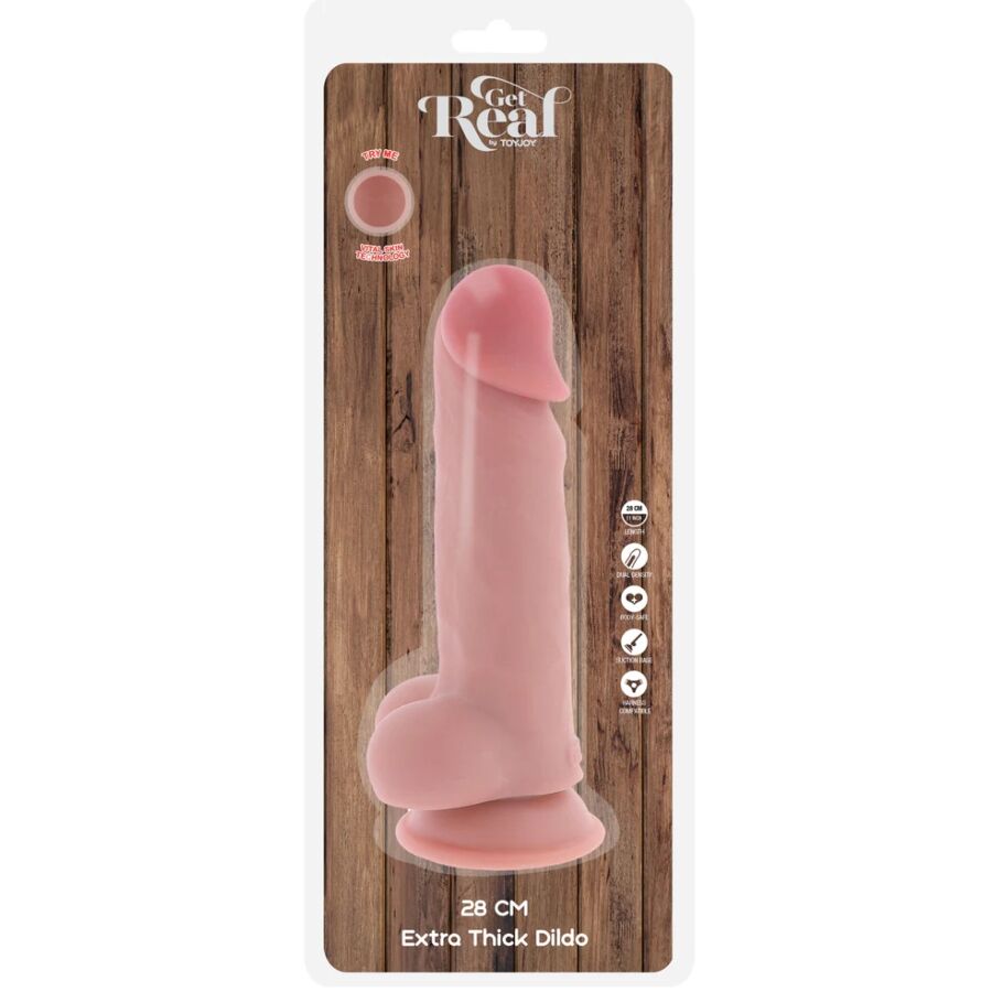 Boite Get Real Toy Joy du dildo extra epais 28 cm a testicules, packaging bois montrant le gode chair realiste a gland et ventouse, gamme silicone double densite.