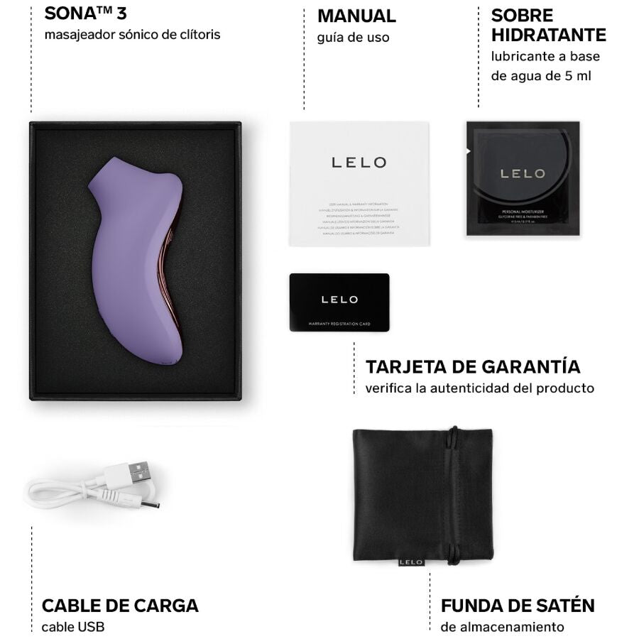 Contenu du coffret Sona 3 lilas avec manuel, echantillon hydratant, carte de garantie, cable et pochette satinee, stimulateur clitoridien sonique Lelo complet.