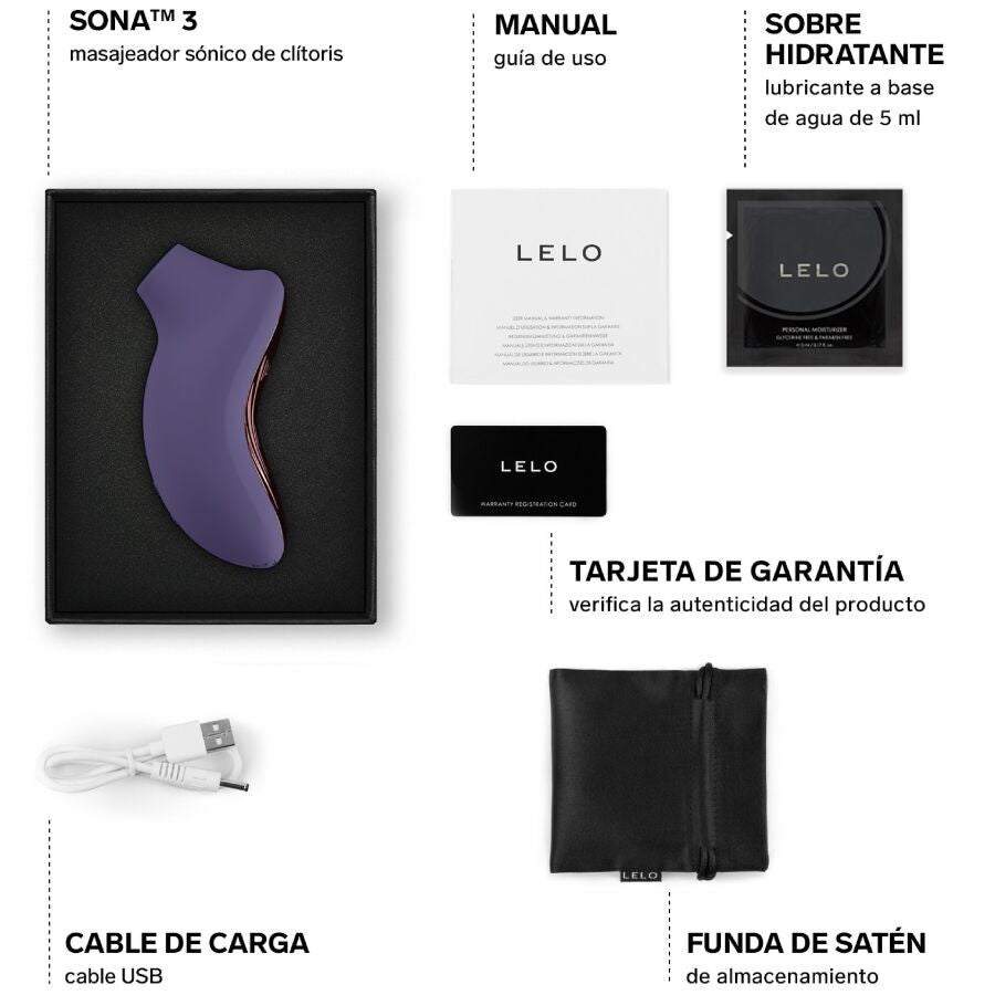 Contenu de la boite Sona 3 lilas avec manuel, echantillon hydratant, carte garantie, cable de charge et pochette, stimulateur clitoridien sonique Lelo.