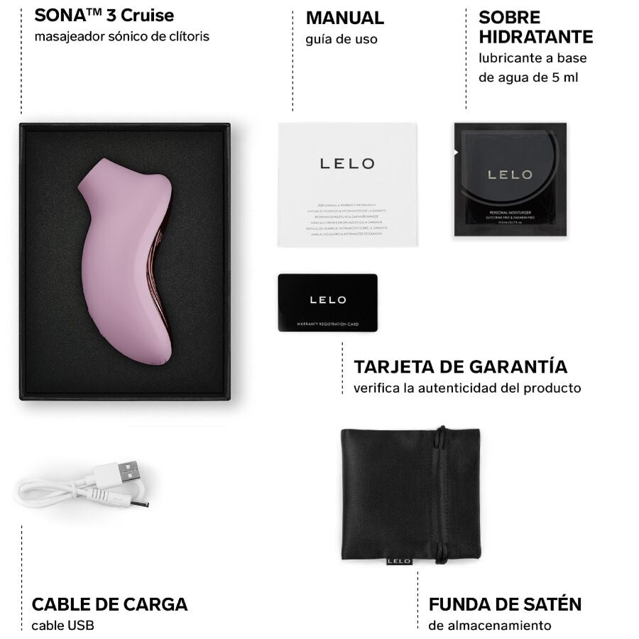 Contenu du coffret Sona 3 Cruise rose avec manuel, echantillon hydratant, carte garantie, cable et pochette satinee, stimulateur clitoridien sonique Lelo.