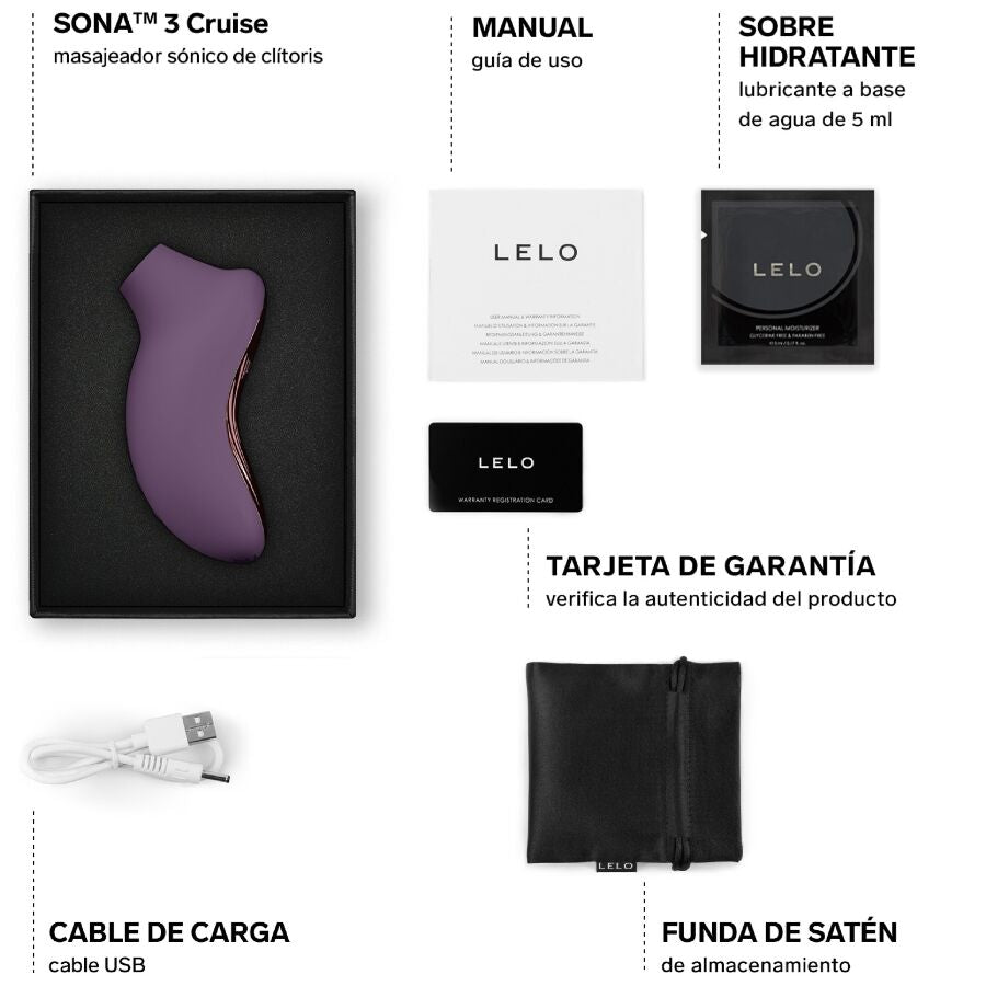 Contenu du coffret Sona 3 Cruise violet avec manuel, echantillon hydratant, carte garantie, cable et pochette, stimulateur clitoridien sonique Lelo complet.