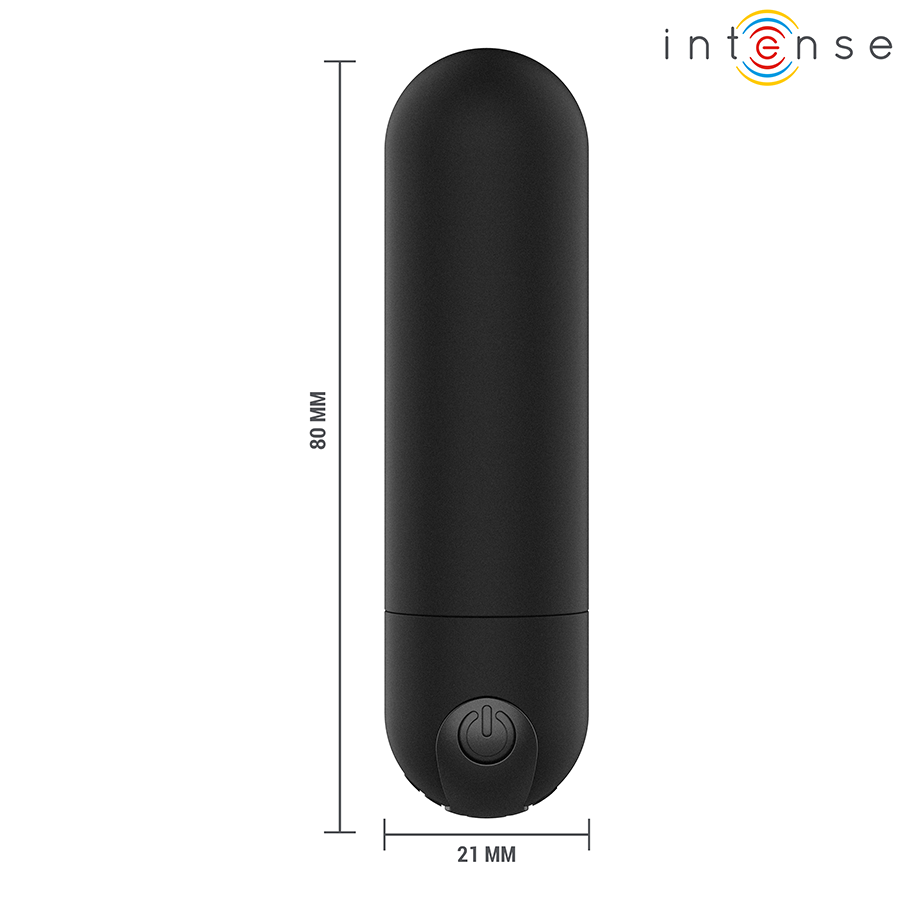 Mini vibromasseur bullet Karen noir Intense de profil avec cotes 80 mm sur 21 mm, forme balle allongee en ABS pour une stimulation clitoridienne nomade.