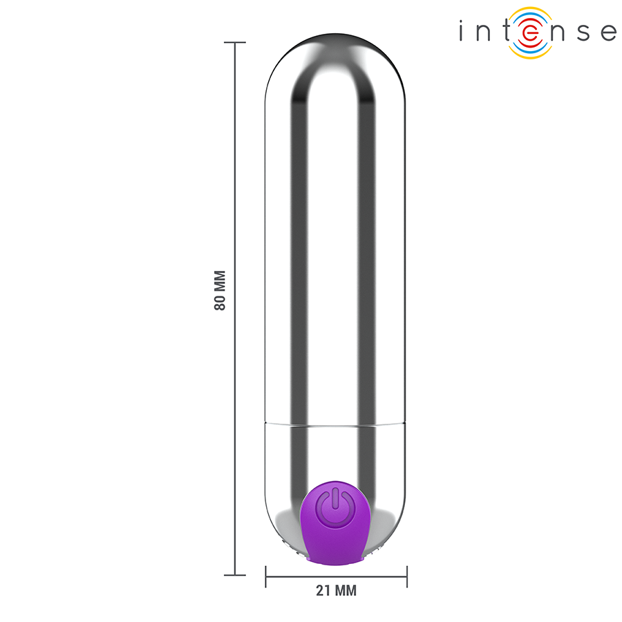 Mini vibromasseur bullet Karen chrome Intense de profil avec cotes 80 mm sur 21 mm, embout silicone violet, forme balle allongee pour stimuler le clitoris.
