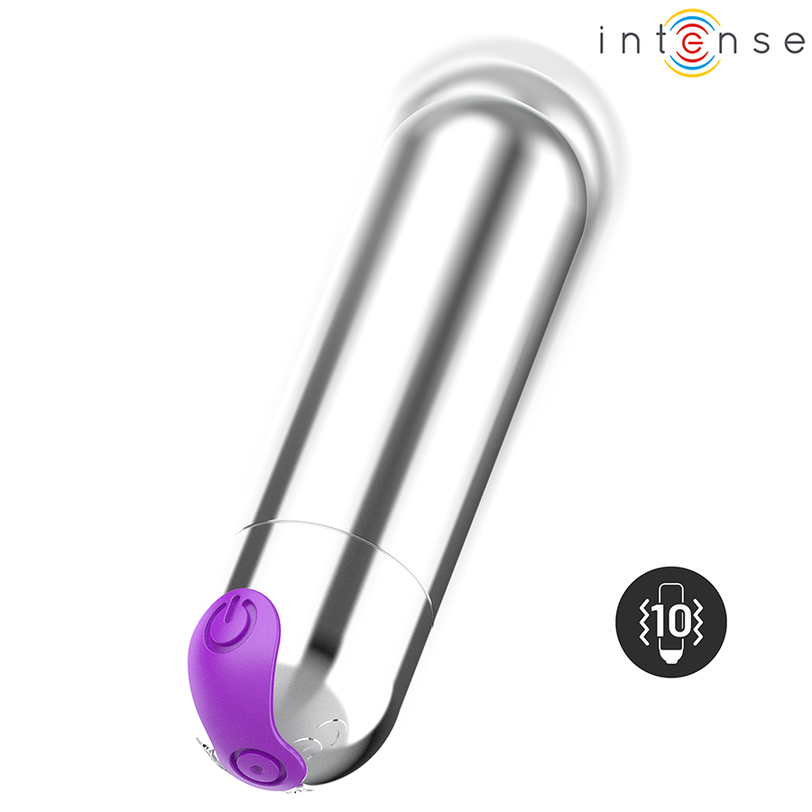 Mini vibromasseur bullet Karen Intense finition chromee avec embout silicone violet, pictogramme 10 modes, jouet balle compact pour la stimulation du clitoris.