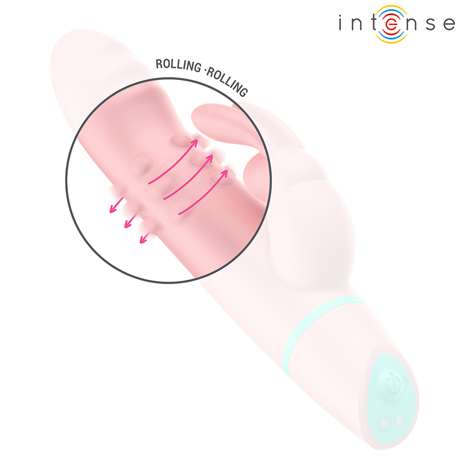 Gros plan sur le mouvement rolling de la tige a relief du rabbit Alvin rose, billes internes illustrees par des fleches, silicone doux pour le point G