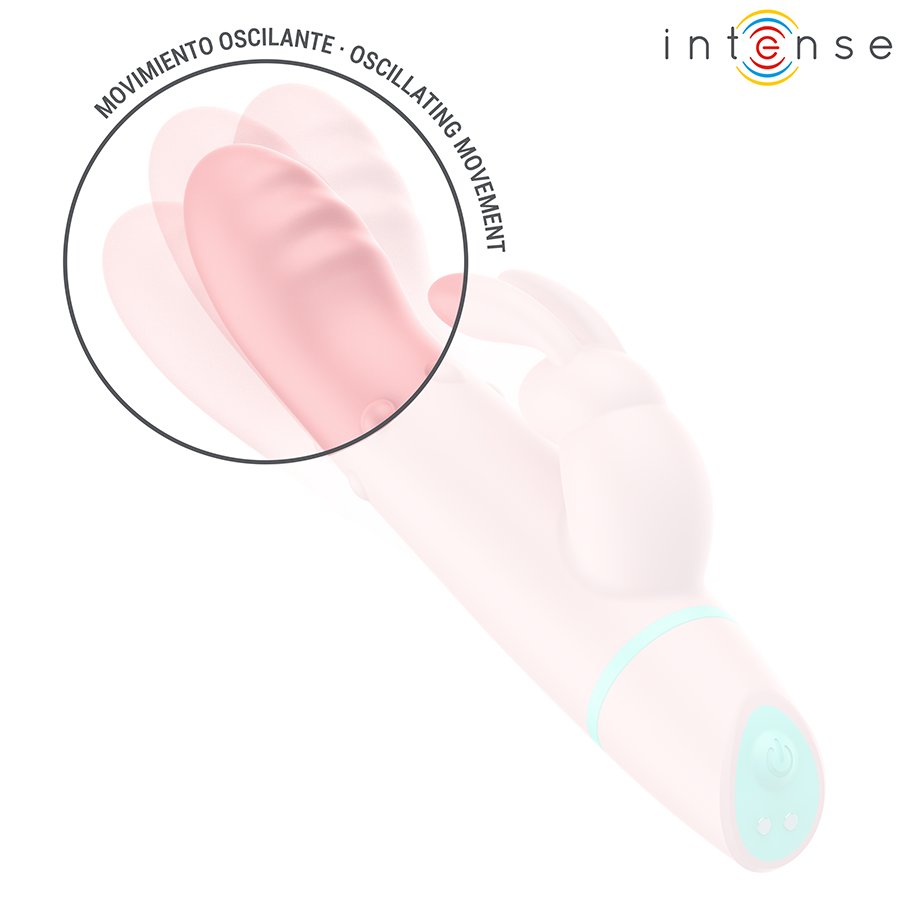 Gros plan sur le mouvement oscillant des oreilles de lapin du rabbit Alvin rose en silicone, stimulation clitoridienne externe, embase turquoise rechargeable