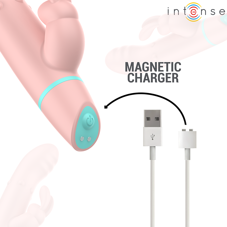 Vibromasseur rabbit Alvin rose en silicone avec cable de charge magnetique, oreilles de lapin et embase turquoise visibles, jouet rechargeable double stimulation