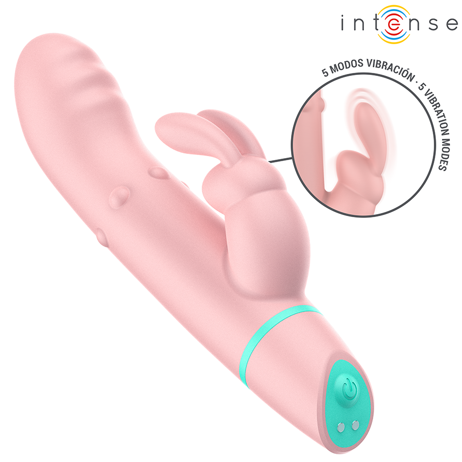 Vibromasseur rabbit Alvin rose en silicone vu de biais, zoom sur les 5 modes de vibration des oreilles de lapin, tige a relief embase turquoise double stimulation