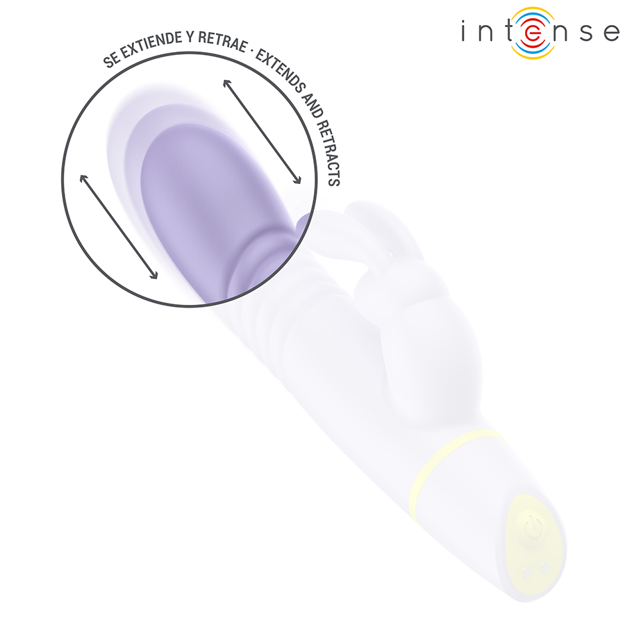 Gros plan sur le mouvement d'extension et retraction de la tige du rabbit Helen violet en silicone, fleches illustrant le va-et-vient, stimulation interne profonde