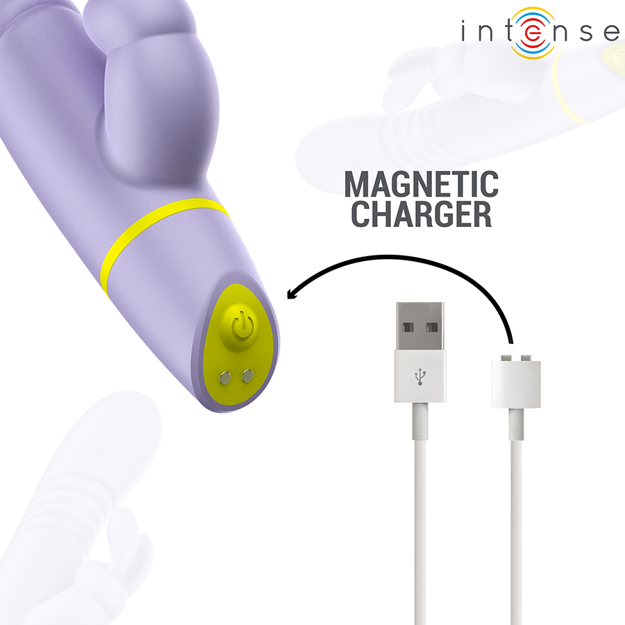 Vibromasseur rabbit Helen violet en silicone avec cable de charge magnetique, oreilles de lapin et embase jaune visibles, jouet rechargeable va-et-vient et vibration