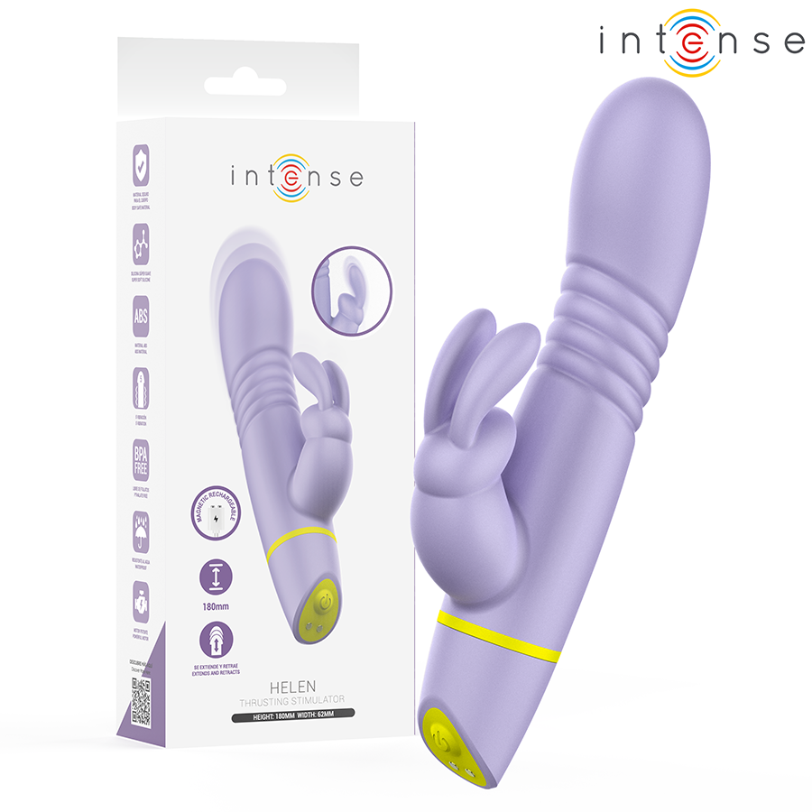 Boite du vibromasseur rabbit Helen Intense violet, tige a relief et oreilles de lapin en silicone visibles sur l'emballage, va-et-vient et vibrations double zone