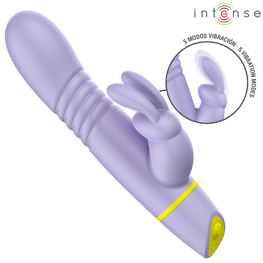 Gros plan sur la tige a relief et les oreilles de lapin du rabbit Helen violet, mention 5 modes de vibration, silicone souple double stimulation clitoris point G
