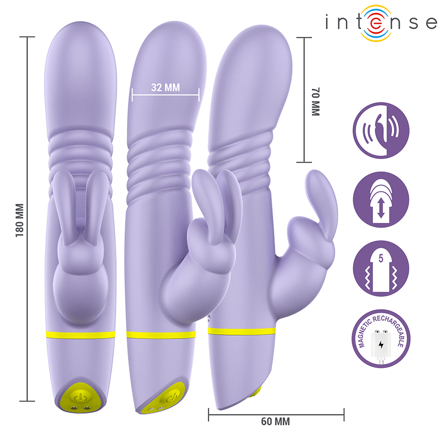 Gamme du rabbit Helen violet sous trois angles avec cotes 32 mm, 70 mm, 60 mm, 180 mm et pictogrammes, tige a anneaux et oreilles de lapin en silicone