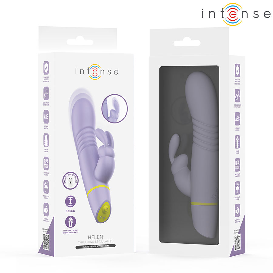 Emballage recto verso du vibromasseur rabbit Helen Intense violet, tige relief et oreilles de lapin en silicone visibles, pictogrammes du va-et-vient et vibration