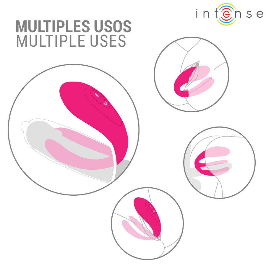 Schemas multiples usages du vibromasseur de couple en U Julia en silicone rose, illustrant les positions de port pour une double stimulation clitoris et point G.