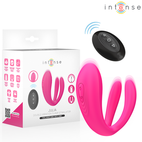 Boite rose Intense Julia et vibromasseur de couple en U en silicone fuchsia avec telecommande, dix modes de vibration pour une double stimulation pendant le rapport.