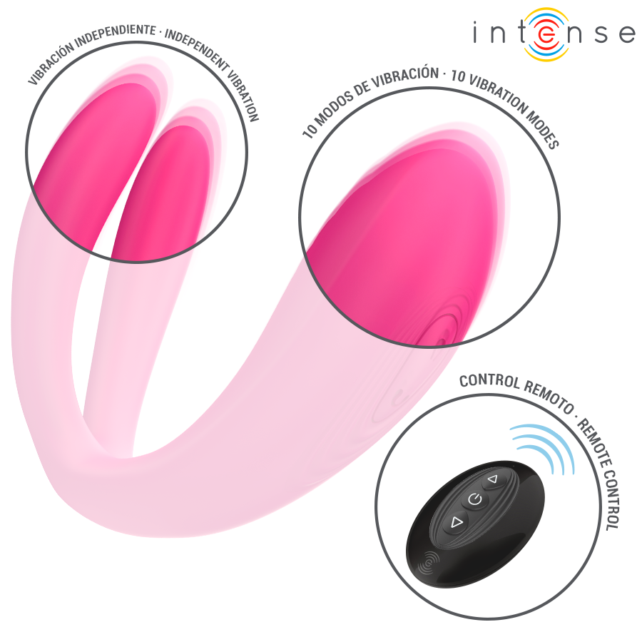 Vibromasseur de couple en U en silicone fuchsia avec gros plan sur ses branches et sa telecommande, dix modes de vibration a deux moteurs independants.