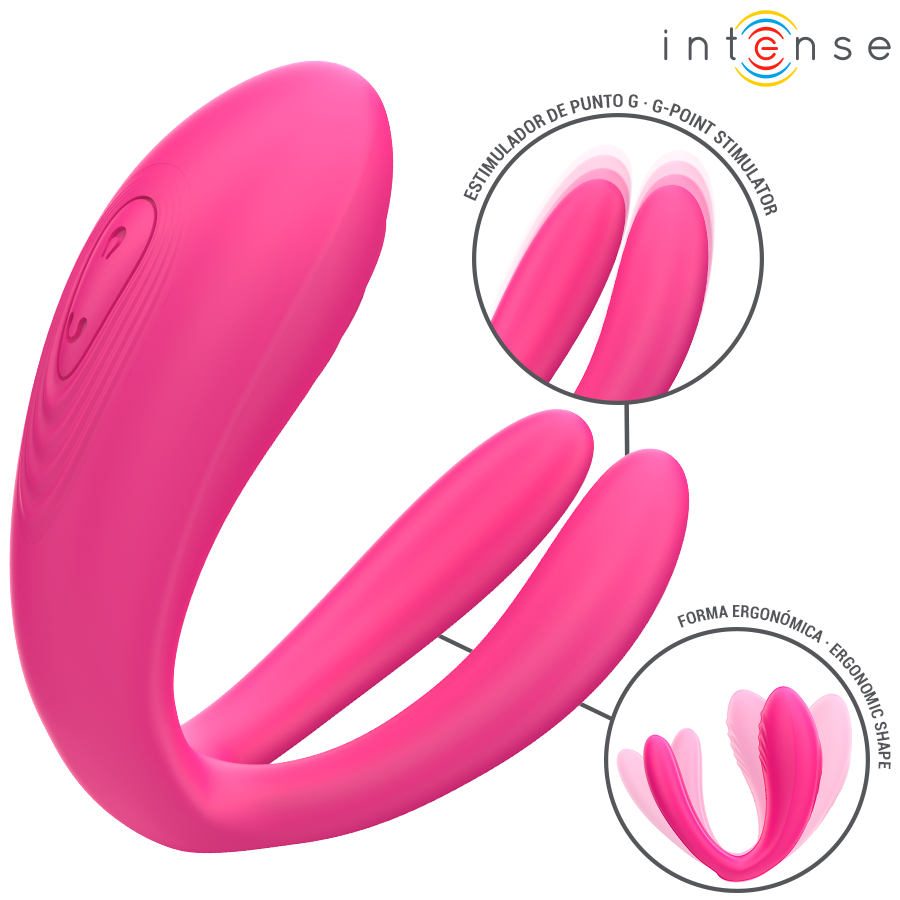 Vibromasseur de couple en U en silicone fuchsia Intense avec gros plan sur ses deux branches ergonomiques pour la stimulation simultanee du point G et du clitoris.