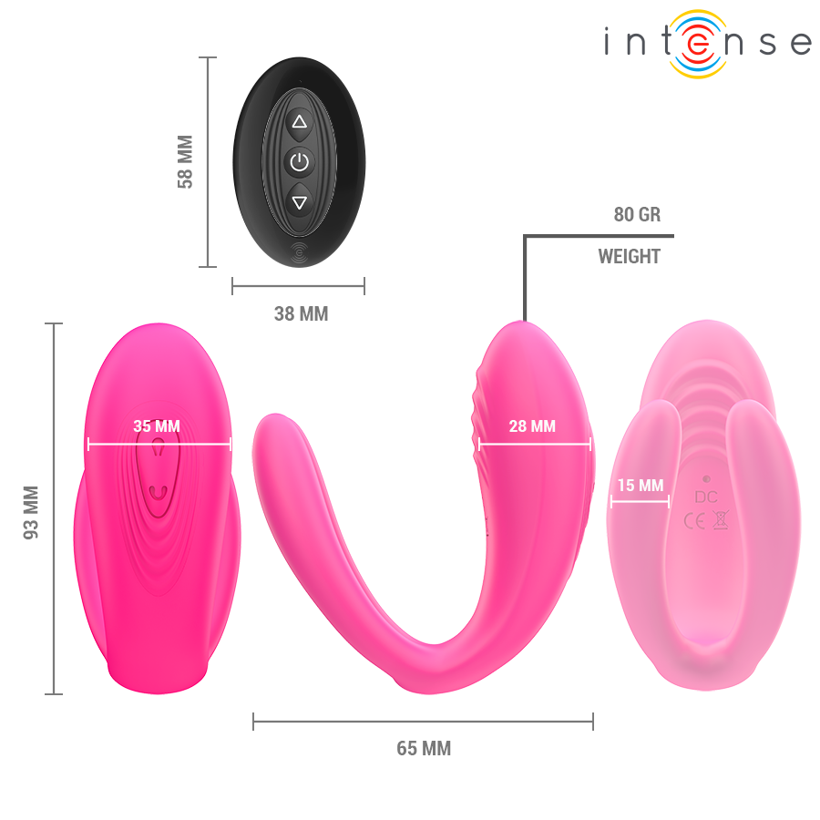 Schema cote du vibromasseur de couple en U Julia en silicone rose, dimensions 65 mm et 25 mm pour 80 grammes, avec sa telecommande de 38 mm a boutons.