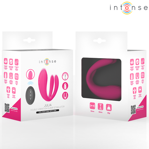 Emballage Intense Julia recto-verso du vibromasseur de couple en U en silicone rose, fenetre produit et pictogrammes, telecommande sans fil et dix modes de vibration.