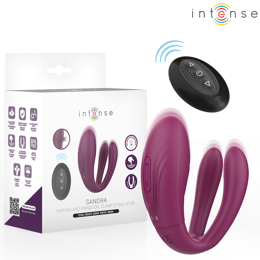 Sandra Prune — boîte, stimulateur Intense et télécommande sans fil.