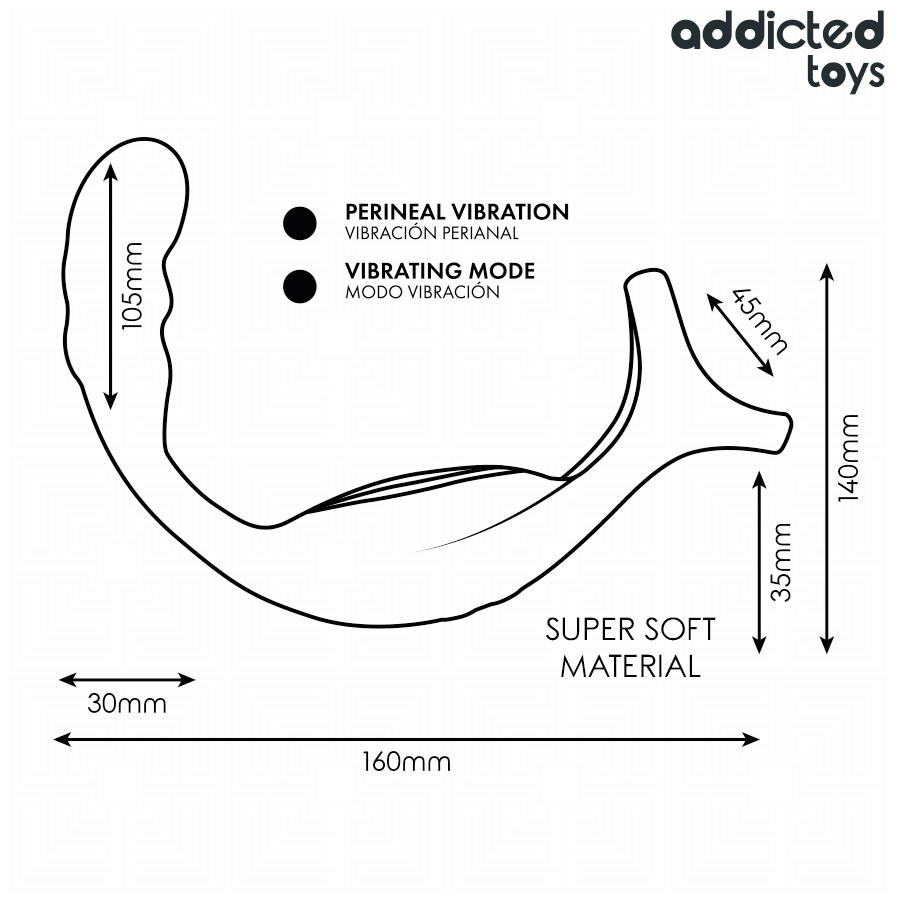 Schema technique de l'anneau prostatique Addicted en silicone, profil cote avec vibrations perineale et mode vibrant, cotes 160 mm de long et 140 mm, materiau super soft.