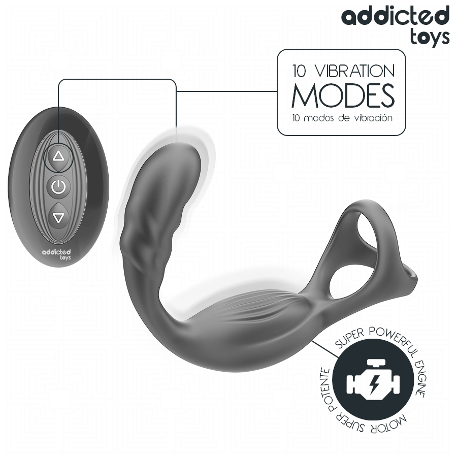 Anneau penien double Addicted silicone avec telecommande, mention dix modes de vibration et moteur puissant, forme courbee a deux boucles pour stimulation ciblee.
