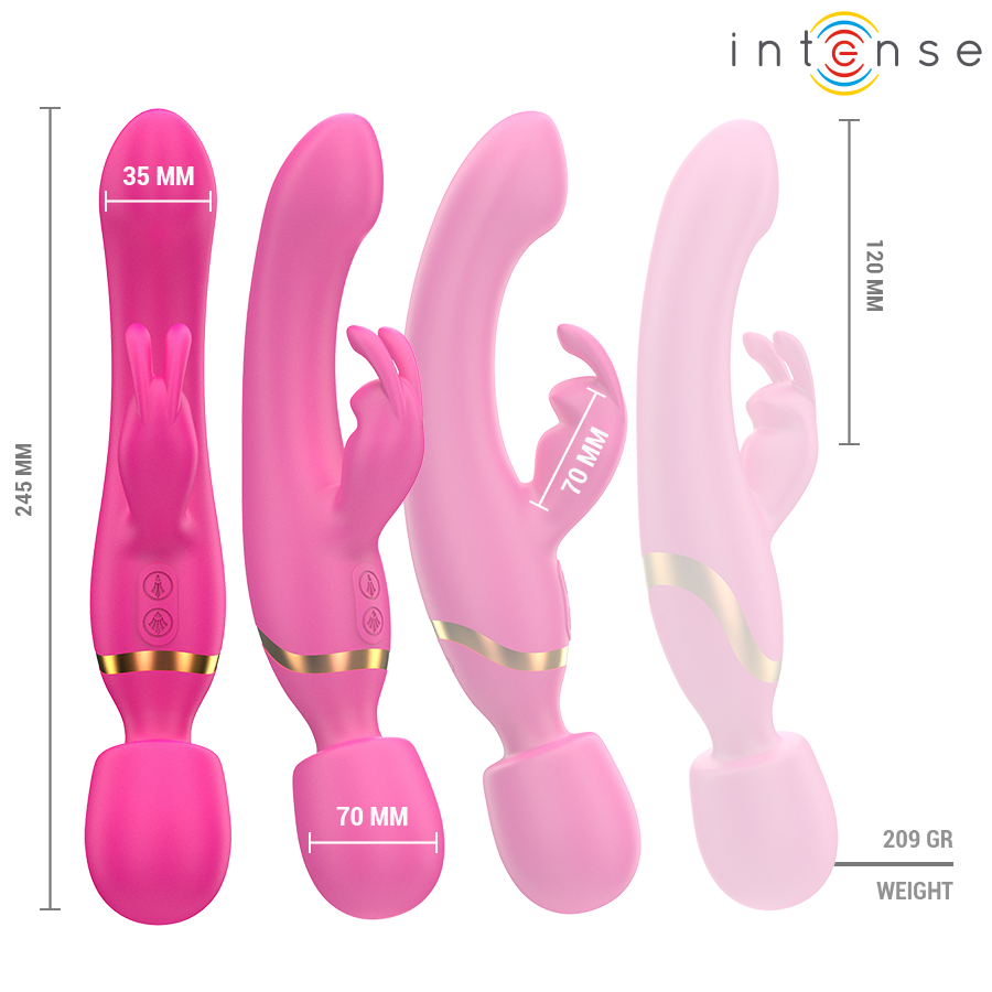 Gamme du vibromasseur Winona en quatre teintes roses alignees avec cotes 35 mm et 70 mm, 245 mm de long, 209 g, rabbit baguette en silicone double stimulation