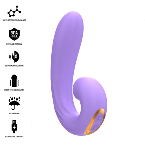 Vibromasseur Meryl en silicone violet a la forme courbe en U, boutons dores sur le manche, design ergonomique pour stimuler clitoris et point G simultanement