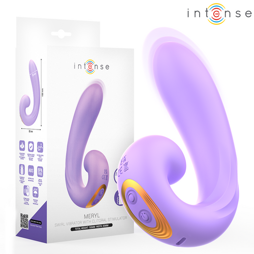 Boite du vibromasseur Meryl Intense violet en forme de U, silicone souple visible sur l'emballage, double stimulation clitoris et point G pour un usage mains libres