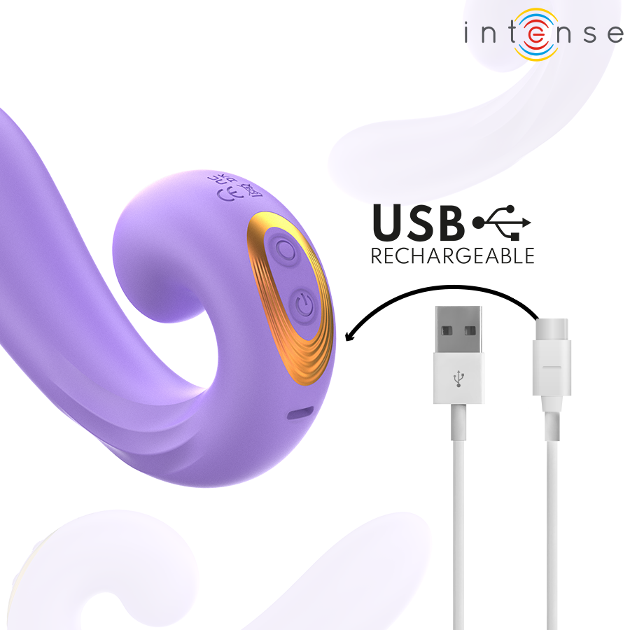 Vibromasseur Meryl violet en silicone avec son cable de recharge USB, forme courbe en U et boutons dores, stimulateur rechargeable clitoris et point G