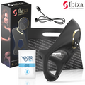 Anneau pénien Ibiza noir et doré avec câble de recharge USB, pochette et sachet de lubrifiant Water Feel inclus, emballage à l'arrière-plan