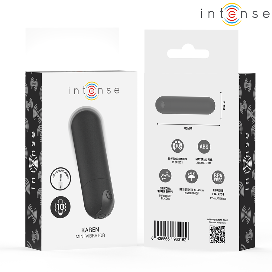 Emballage du mini vibromasseur bullet Karen noir Intense avec face arriere détaillant specs et cotes, jouet balle compact pour stimuler le clitoris.