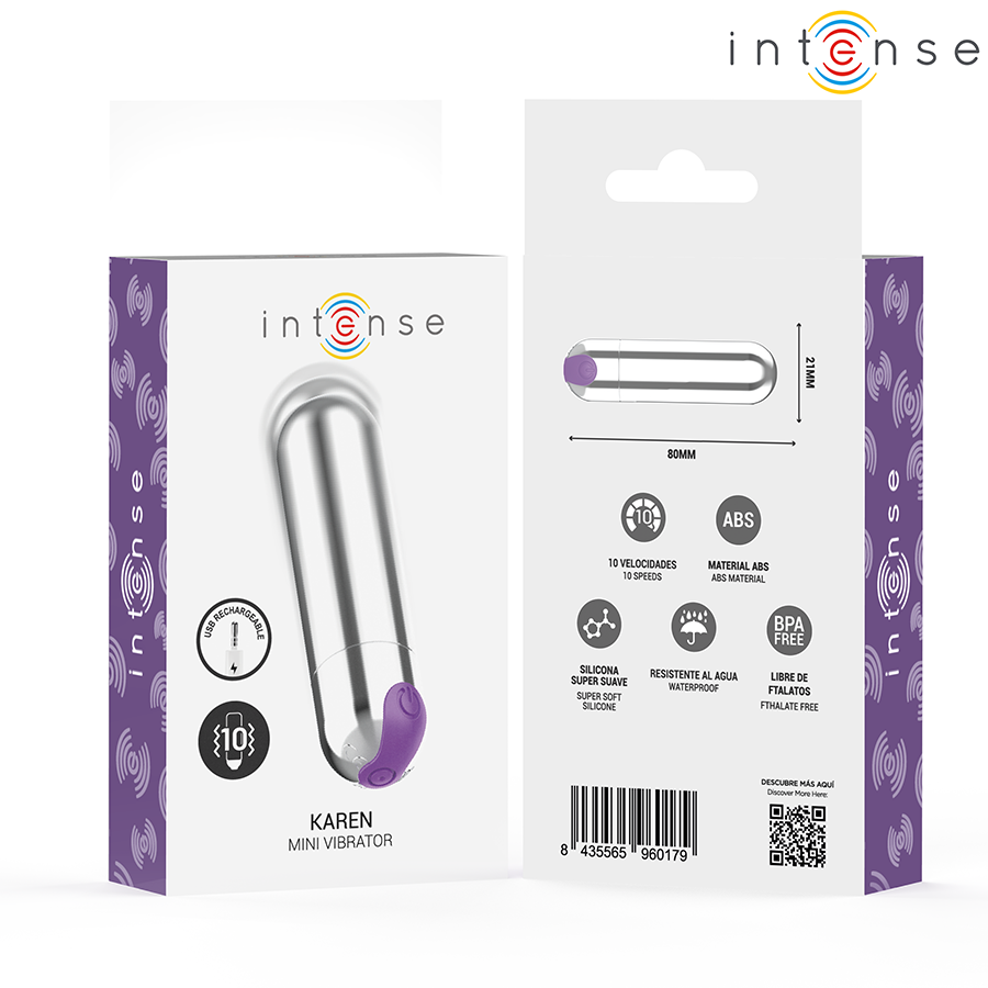 Emballage violet du mini vibromasseur bullet Karen chrome Intense avec face arriere et specs, jouet balle compact en ABS pour stimuler le clitoris.