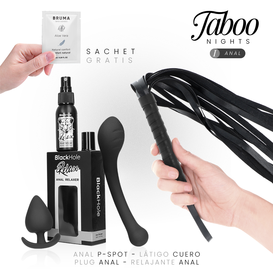 Coffret decouverte plaisir anal progressif Taboo Nights de face : plug anal noir en silicone, stimulateur double courbe lisse et spray relaxant BlackHole tenu en main, fond blanc