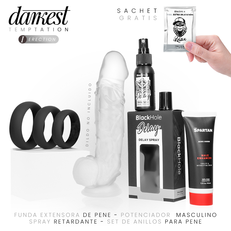 Coffret performance masculine Darkest Temptation avec gode realiste translucide, set d'anneaux peniens en silicone noir, spray retardant et gel d'erection vegan