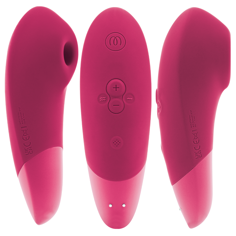 Trois vues du stimulateur clitoridien Womanizer Enhance framboise : embout d'aspiration, dos avec boutons +/- et profil galbé en silicone, vue d'ensemble produit.