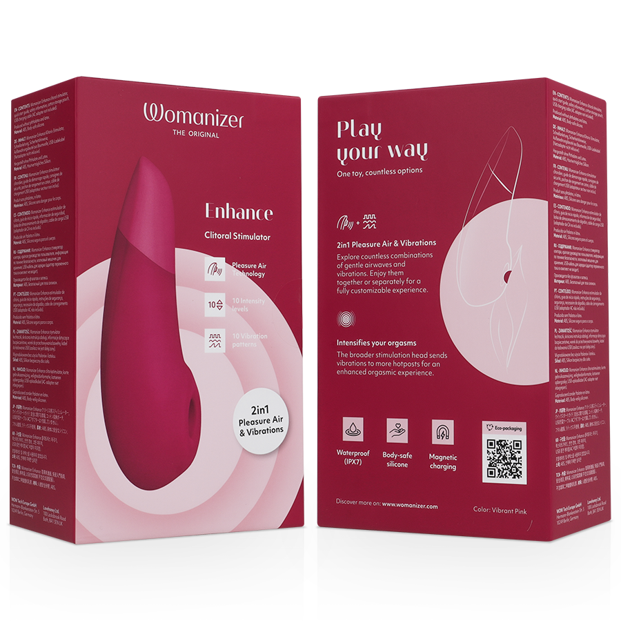 Boîte Womanizer 'Enhance' rose ouverte 'Play your way' : illustration du stimulateur framboise, schéma d'usage stylisé et pictogrammes de fonctions, sans anatomie.